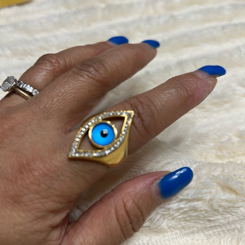 Gold Evil Eye Ring with Blue Accents
